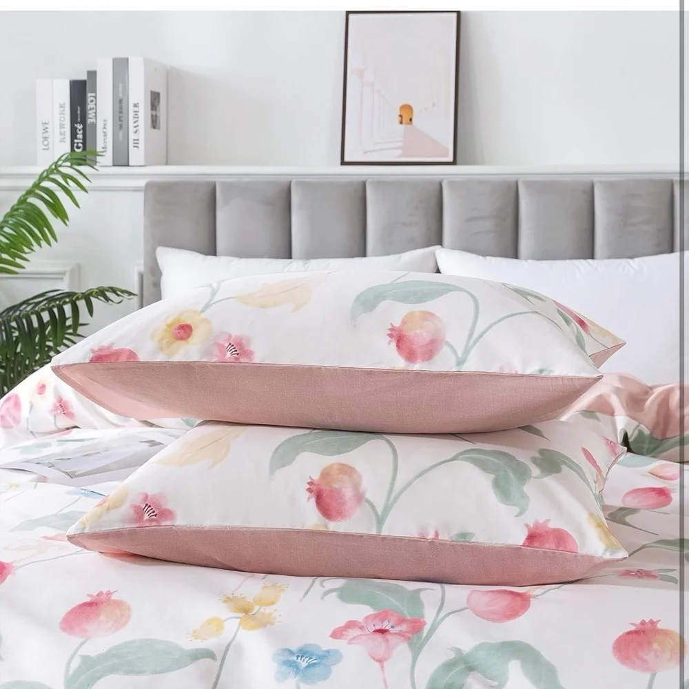 Floral Watercolor Cotton Duvet Cover Set in Pink and Green - Unbranded